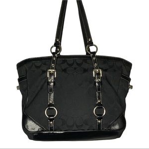 Coach Signature Black Canvas Patent Leather Shoulder Bag